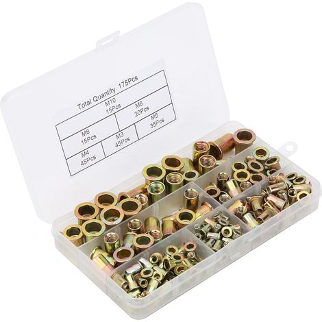 Kit de 175 inserts filetés M3 M4 M5 M6 M8 M10, écrous rivet en acier zingué, système métrique et pouce, assortiment coloré (1/5)