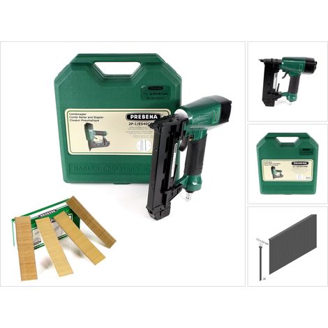 Prebena Druckluftnagler 2P-J/ES 40 COMBI 5 bis 7 Bar - im Transportkoffer + Prebena J 30 CNKHA Stauchkopfnägel Brads 30mm 5000 Stück