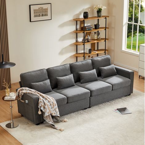 Sofá de 4 plazas 264 cm gris oscuro en tela efecto lino con bolsillos laterales y 4 cojines (1/5)