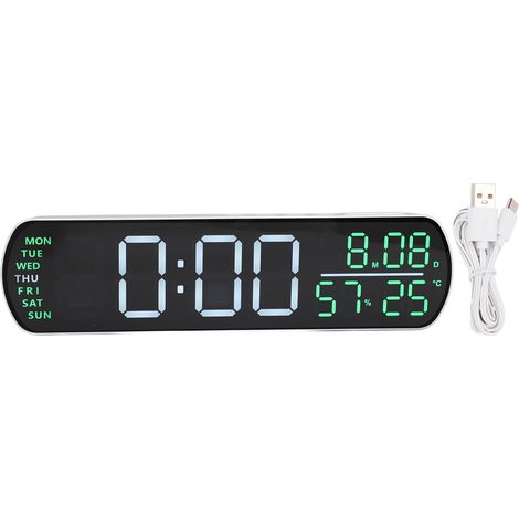 Réveil numérique grand format avec affichage de la date, du jour de la semaine, du calendrier, de la température et de l'humidité, éclairage LED, boîtier blanc et lumière verte. Fonction heure d'été a (1/5)