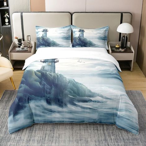 Phare 100% Coton Sets de Housse de Couette Enfants Ancre Parure de Lit 240x260cm pour Garçon Fille Océan Thèmes Housse de Couette Aventure en mer Marine Thèmes Parure Housse de Couette - 260 x 240 cm  (1/5)
