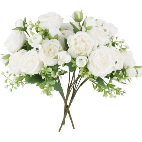 3 künstliche Pfingstrosensträuße aus Seide, Dekoration für Zuhause, Hochzeit, Büro, Party, Schlafzimmer, 15 Pfingstrosenblüten, Weiß (1/5)