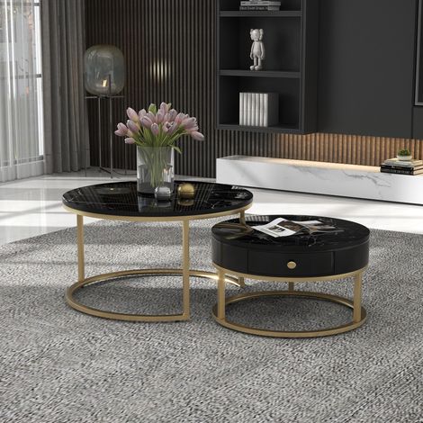 Table basse moderne imbriquée Ensemble de 2 tables basses rondes à motif de marbre brillant-Da