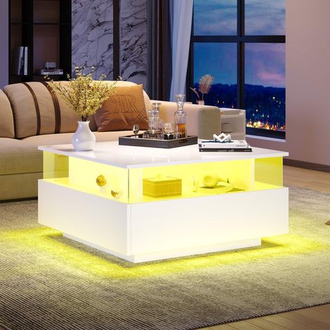 Table basse LED 70x70x41 cm blanche en panneaux de particules, plateau brillant, 2 tiroirs, vitrine transparente en acrylique, LED avec appli (1/5)