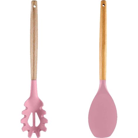Ensemble de 2 ustensiles de cuisine en bois, faciles à nettoyer, compatibles avec poêles antiadhésives, couleur rose (1/5)