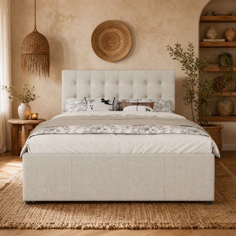 Ausziehbares Doppelbett 140x200 cm beige Leinen mit 3 Schubladen und höhenverstellbarem Kopfteil (1/5)