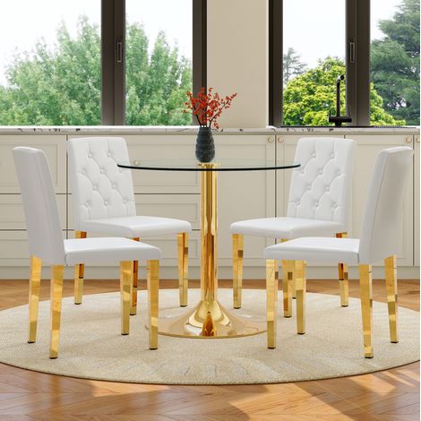 Set tavolo e sedie da pranzo in vetro temperato e metallo oro, 4 posti, stile moderno, sedute imbottite (1/5)