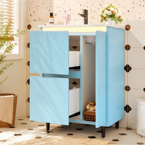 Meuble lavabo salle d'eau sur pied 61x46,5x87cm, finition laquée intégrale, cuvette céramique incorporée, charnières amorties, 2 tiroirs, piètement surélevé, coloris bleu. (1/5)