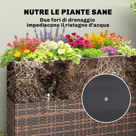 Lit de jardin surélevé 45L en rotin marron, pieds réglables et trous de drainage pour extérieur (1/5)