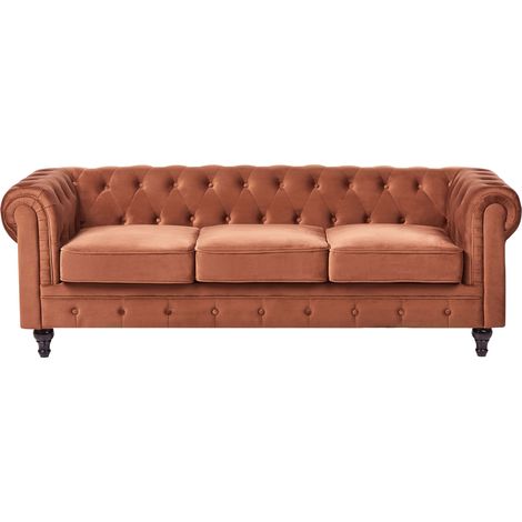 Sofá Chesterfield clásico con capitoné 3 plazas de terciopelo marrón dorado Chesterfield (1/5)