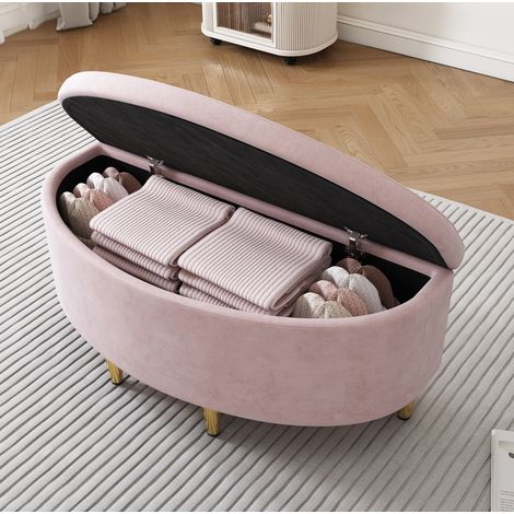 DESVIAE Banc de rangement en velours rose avec coffre ottoman rembourré et pieds métalliques pour entrée salon chambre 90 x 40 x 42 cm (1/4)