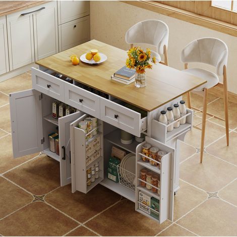 Isola da cucina 140x43x90,5 cm in MDF bianco con contenitori salvaspazio FloraGrace (1/5)