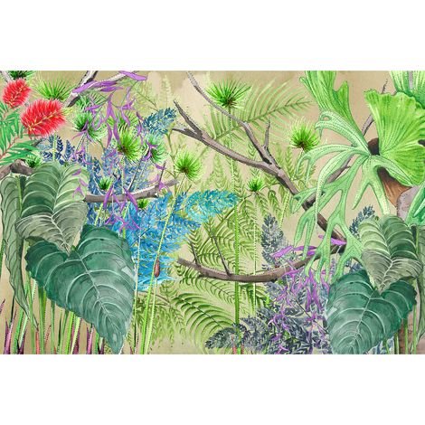 Papier peint panoramique tropical fleurs design | Tapisserie panoramique foret féerique trompe l'œil | Papier peint panoramique vert et brun 3d nature - 267 x 400 cm (4 pièces) (1/2)