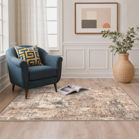 Tapis Salon Résumé Entree 80x150cm Lavable en Machine AntidéRapant Poil Ras, pour Chambre Salle a Manger Descente de Lit Bureau, Cuisine, Brun et Crème (1/4)
