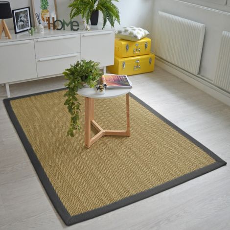 Tapis Jonc de mer - Bihar fin chevron - Ganse coton anthracite - 140 x 200 cm (1/5)