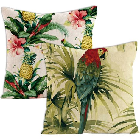 Ensemble de 2 housses de coussin décoratives à motifs floraux tropicaux, palmiers, feuilles et perroquets. Dimensions standard carrées : 45,7 x 45,7 cm (18 x 18 pouces). (1/5)