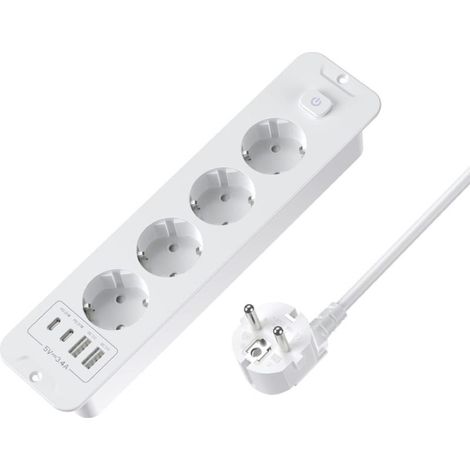 Multiprise Convertisseur EU 16A/250V – Idéal Bureau & Voyages,Blanc,Cordon d'alimentation de 2 mètres