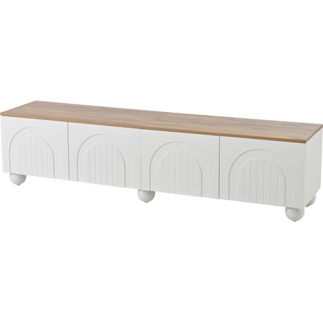 Meuble TV 180x40x45 cm, 4 compartiments, 6 pieds métalliques boule – Pour écran jusqu’à 80 pouces, blanc et bois