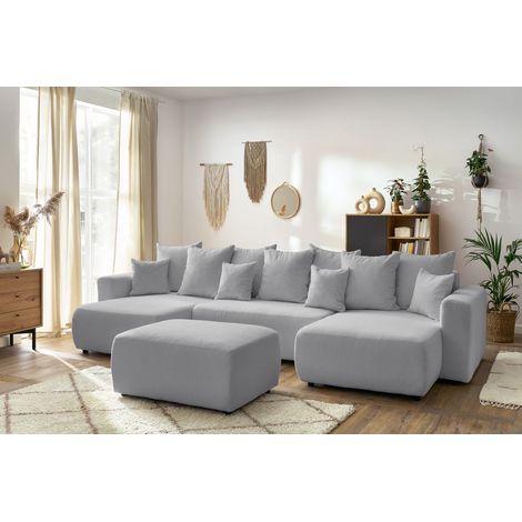 BOBOCHIC - Canapé panoramique convertible coffre ENVY tissu bouclette avec pouf rectangulaire Gris clair (1/5)