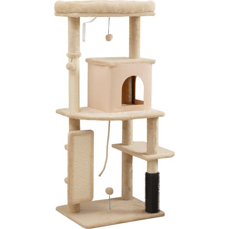 Albero per Gatti Multilivello Alto 132 cm con Casetta Lettino Pali Tiragraffi Spazzola e Pallina Beige