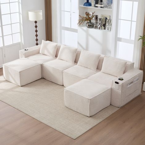 Divano modulare 330/162/75 cm in beige in corda con portabicchieri, tasche laterali e seduta confortevole (1/5)