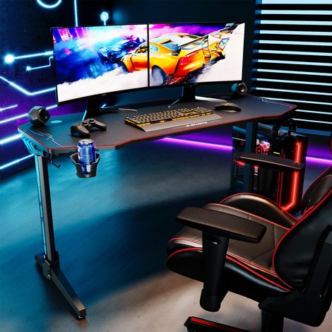 SONNI Gaming Tisch LED 140x60x75cm Gamer Computertisch mit RGB Beleuchtung,Mauspad,2 Haken,Getraenkehalter und Kopfhoererhalter,Carbon Optik Schwarz 140cm desk (1/5)