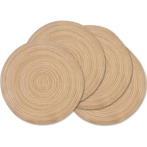 Lot de 4 sets de table ronds, tressés et lavables, 38 cm, en lin jaune. (1/5)