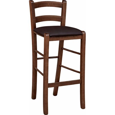 Hocker aus dunklem Walnussholz, H 67, gepolsterter Sitz mit braunem Kunstleder