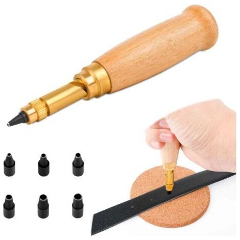 Poinçon automatique pour cuir Manche en bois avec 6 outils Pointes de reliure, 1,5 mm, 2 mm, 2,5 mm, 3 mm, 3,5 mm, 4 mm, poinçons interchangeables, pour la couture, le cuir, le papier, l'artisanat (1/4)