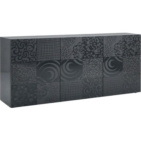 Buffet 3 portes anthracite laqué sérigraphies multi-motifs - JUAN