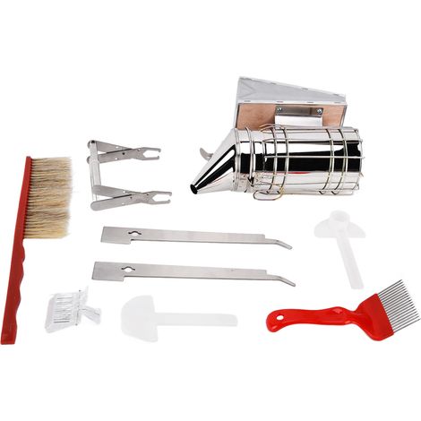 Kit Apiculture Outils avec Pince Cadre, Aiguille Rouge, Nourrisseur Eau, Brosse Abeille, Grattoir, Enfumoir, Attrape-Reine