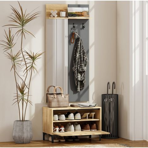 Set appendiabiti da ingresso in MDF color legno naturale con 3 ganci, sezione a parete 60 x 13,5 x 127,5 cm, panca 68 x 35 x 43 cm (1/5)