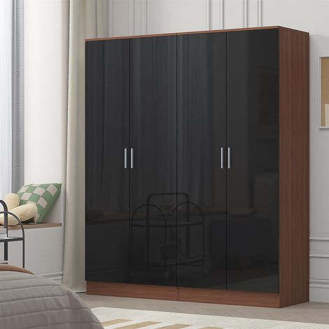 Reflect 2x 2 Door Plain Wardrobe Bundle - Black Gloss & Walnut - Hanging Rails & Shelves - Modern Sleek Design