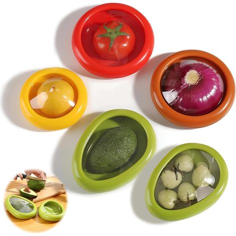 Caja de almacenamiento de frutas de silicona de 5 piezas, recipientes reutilizables para almacenar frutas, caja de conservación para cebollas, tomates, limones y aguacates (5 cajas de almacenamiento d (1/5)