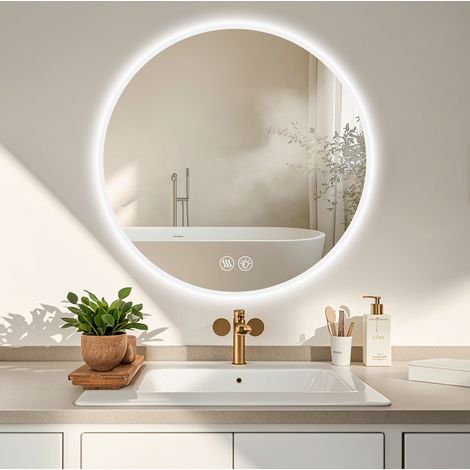 Specchio da bagno LED rotondo 70 cm, dimmerabile, 3 colori luce, antiappannamento, argento HAVRYA (1/5)