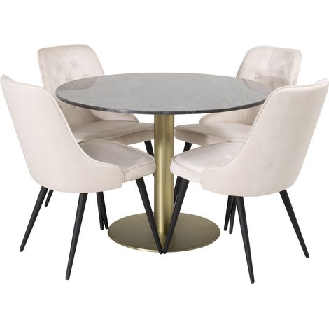 EstelleØ106BLBR Essgruppe Esstisch schwarz, Marmor und 4 Velvet Deluxe Esszimmerstühle Velour beige, schwarz.