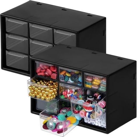Boite Rangement Bureau à 9 Tiroirs Amovibles,Rangement Plastique avec Tiroir Transparent & Noir - Rangement Bureau Tiroir (1/4)