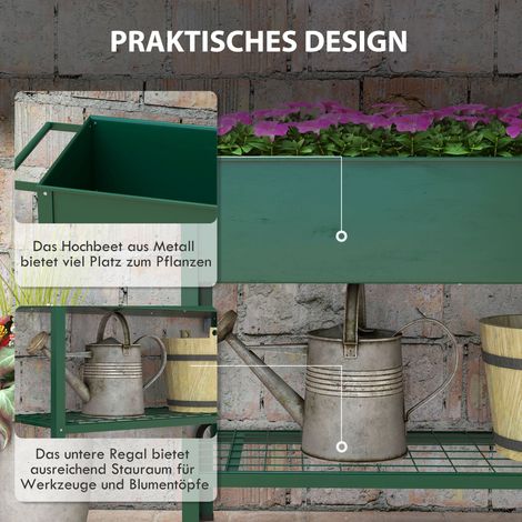 Carré potager surélevé vert 109x44x80 cm, bac de plantation avec 1 étagère et 2 roulettes (1/4)