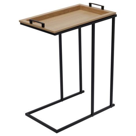 Tavolino laterale con vassoio, metallo e MDF, nero/legno naturale