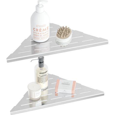 Étagère d'angle à 90° en Acier Inoxydable, Porte Savons Douche Triangulaire pour Mur Carrelé, Rangement de Salle de Bain Aucune perceuse requise, Lot de 2, 25CM, Nickel Brossé (1/5)