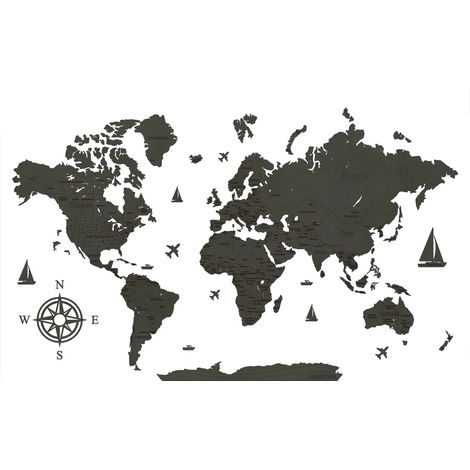 Mapa del mundo de madera 2D gris oscuro - Patrón VI con bordes y nombres de países 90x56 cm (1/5)