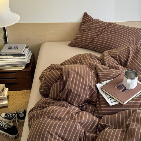 Housse de Couette 240x260 Rayures Rayée Marron Ado Adultes en Microfibre (1/5)