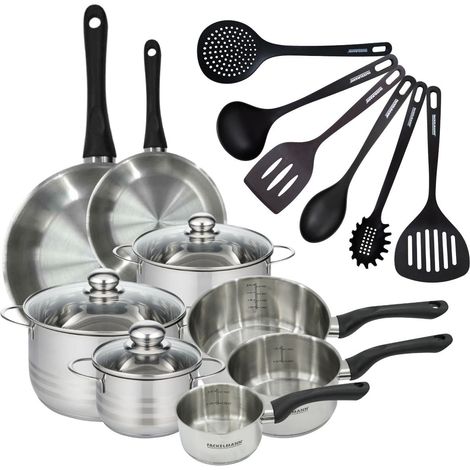 Set 2 poêles 20 28 cm 3 casseroles 12 16 20 cm, 3 faitouts 16, 20 et 24 cm en inox et 6 ustensiles RPET Fackelmann Geneva (1/5)