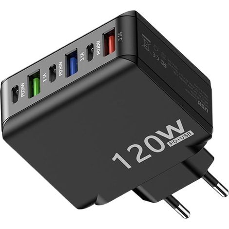 Caricabatterie da parete per cellulari, blocco di ricarica USB-C Blocco di ricarica cubico da 120 W - Adattatore da parete multiporta a ricarica rapida con 3 porte USB-C e 3 porte USB-A (1/5)