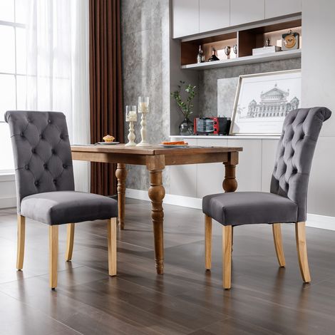 Chaises velours gris avec pieds chêne, lot de 6 pour salle à manger, salon ou cuisine (1/5)