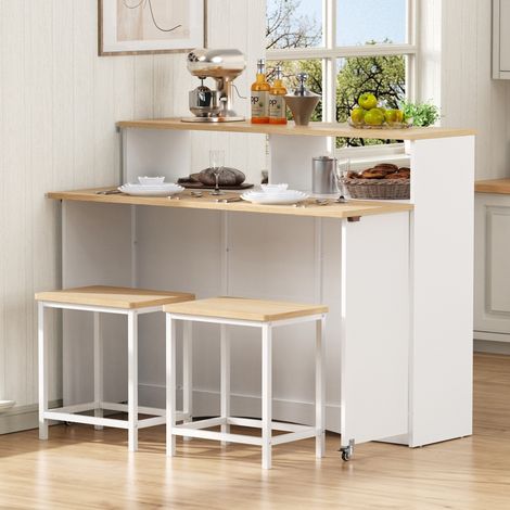 Isla de cocina con ruedas - zona de comedor extensible con sillas - gran espacio de almacenamiento - 110 x 34-68 x 97,5 cm - Blanca
