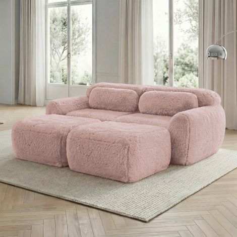 Canapé Modulaire Cloud 2 Places 204x179x73 cm avec 2 Ottomans - Tissu Peluche Doux - Design Sans Cadre et Montage Gratuit - Rose