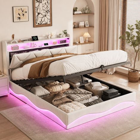 Lit coffre 140×200cm, lit double avec lumière LED et port USB, lit capitonné, rangement sous le lit, grande capacité, rangement dans la tête de lit,sommier à lattes, lit adulte, Velours, Beige (1/5)