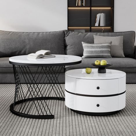 Ensemble élégant de tables basses gigognes à deux niveaux — Dotées de plateaux ronds à la finition polie ultra-brillante (1/5)