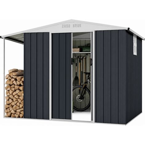 Abri de Jardin en Acier Galvanisé avec Espace Abri-Bûches, 5,66m³ avec Portes Doubles Coulissantes, Toit Incliné, Fenêtre et Cadenas, 244x194x181 cm (1/5)